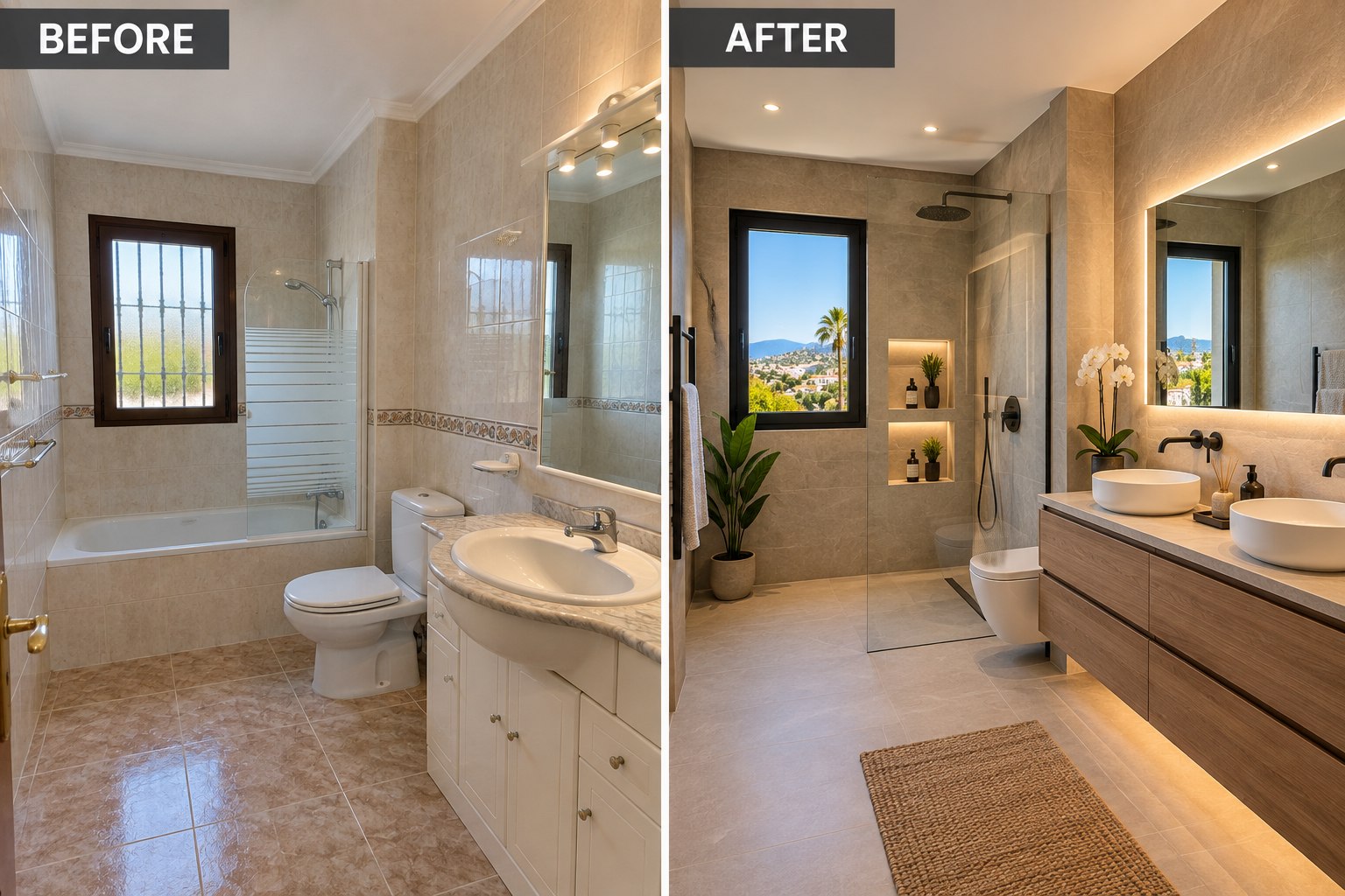 A tired tiled bathroom with a bath and vanity unit, and the same room afterwards with a walk-in level-access shower, twin basins and a lit mirror