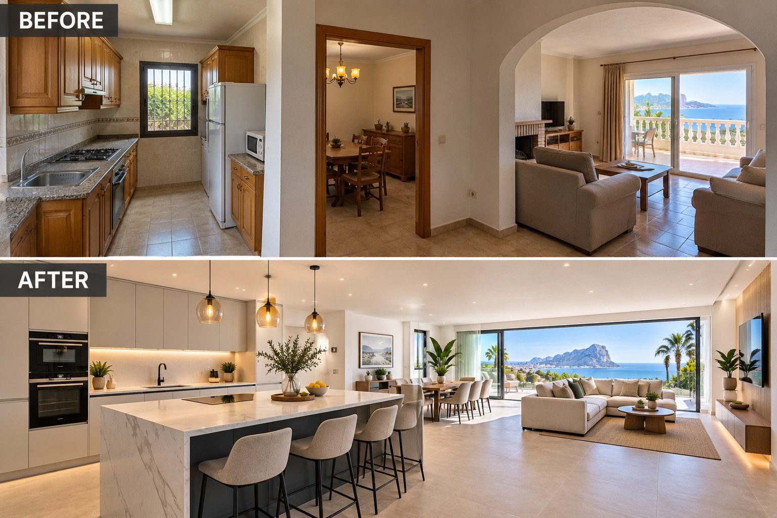 A dated enclosed kitchen and separate dining room, and the same space afterwards opened out into one room with an island, new units and a sea view