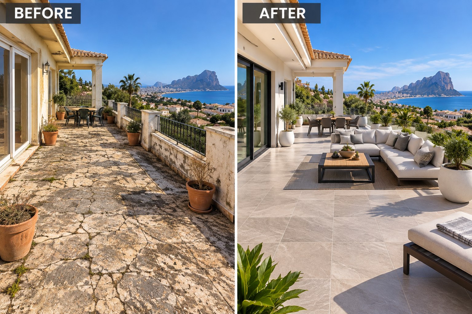 A cracked and stained terrace with rusting railings, and the same terrace afterwards re-laid in large format porcelain with a glass balustrade and new seating