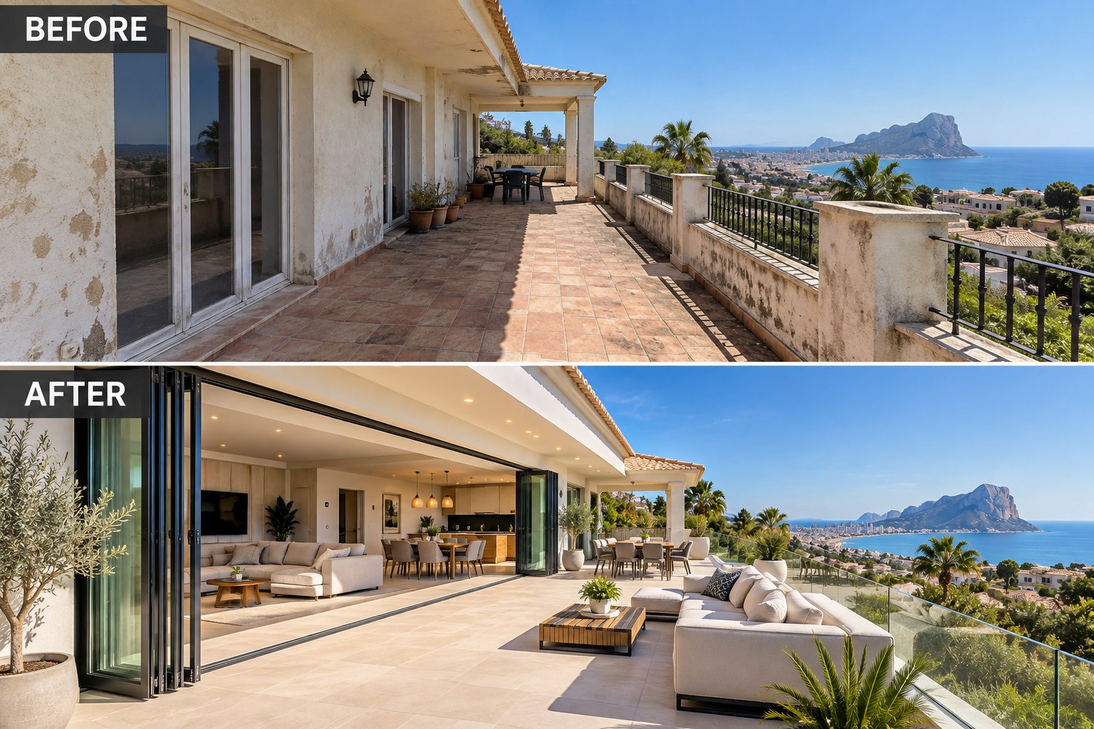 A weathered villa terrace with flaking render, and the same elevation afterwards with sliding glass doors opening the living space onto a new terrace