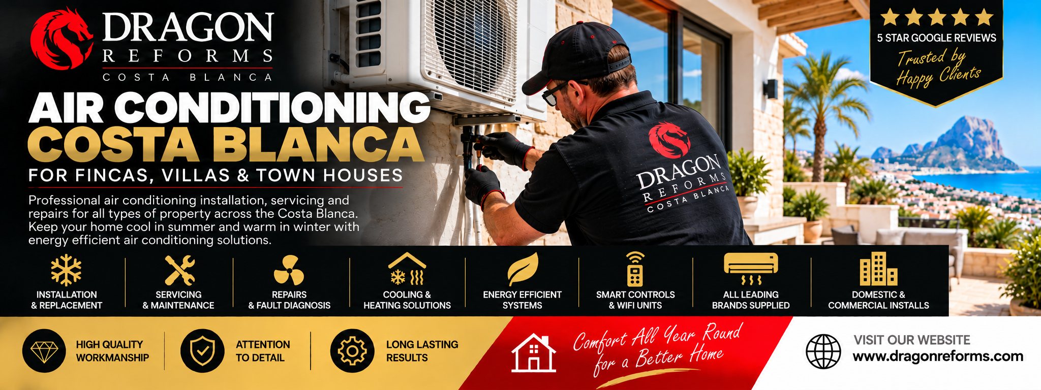 Dragon Reforms Air Conditioning Costa Blanca banner - an installer fitting an air conditioning unit, with the Peñón de Ifach and the coast behind