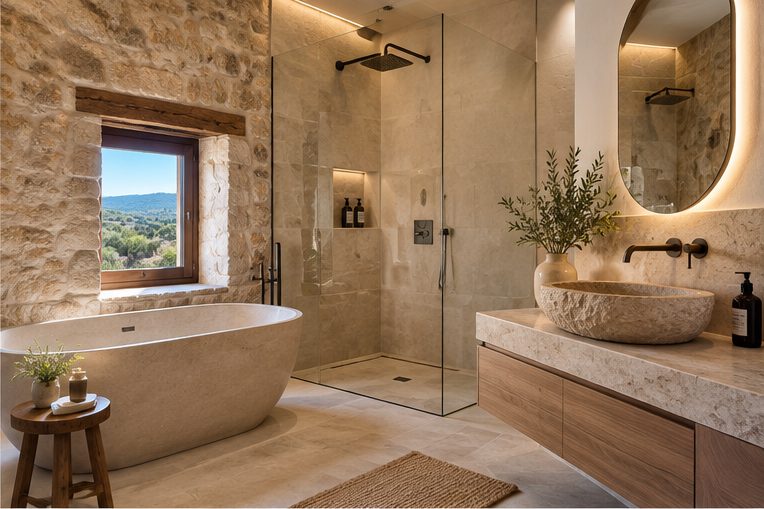 A freestanding bath under a window with a countryside view, a glazed shower alongside and a stone basin on a timber cabinet