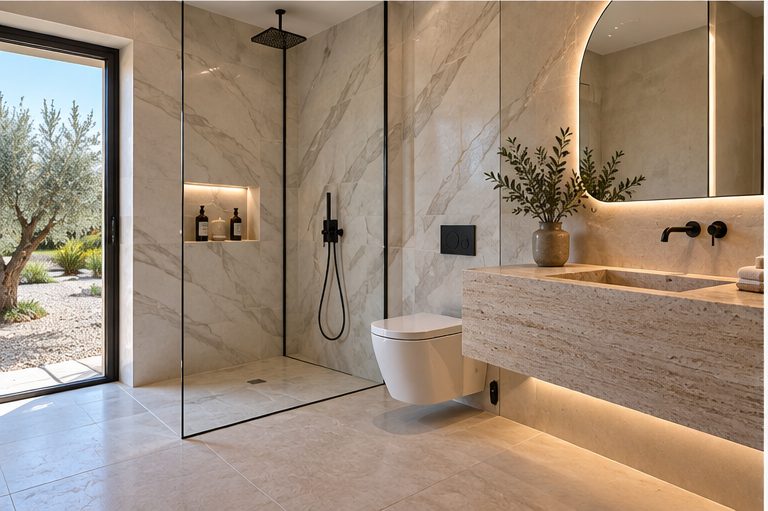 A contemporary villa bathroom with marble-effect porcelain walls, a frameless glass walk-in shower, black fittings and a floating stone vanity