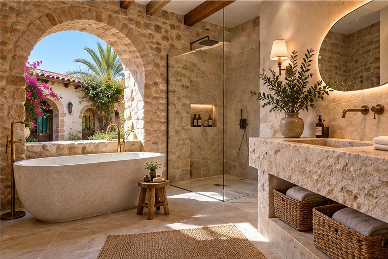 A stone-built bathroom with an arched opening onto a terrace, a freestanding bath and a walk-in shower beside a stone vanity
