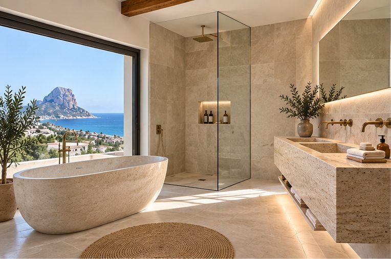 A stone-effect freestanding bath beside floor-to-ceiling glass with a view over the bay, with a walk-in shower and a long stone vanity behind