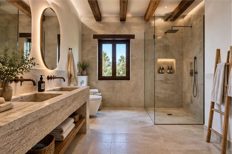 A bathroom with twin stone-effect basins, oval mirrors, wall-mounted taps and a walk-in shower with a recessed niche