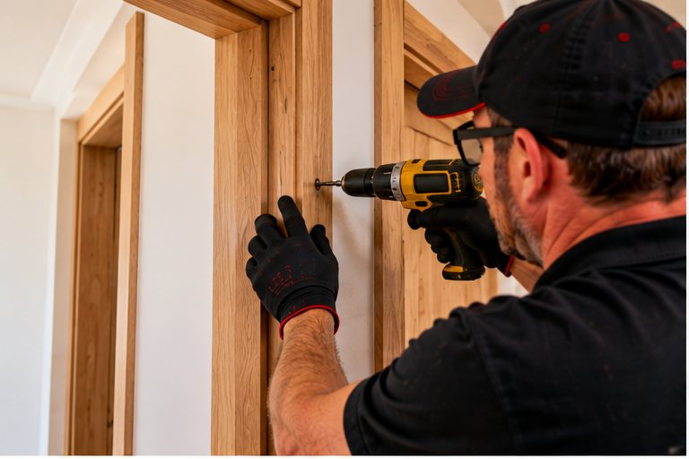 A carpenter in a black cap and gloves fixing a solid oak door frame with a cordless drill