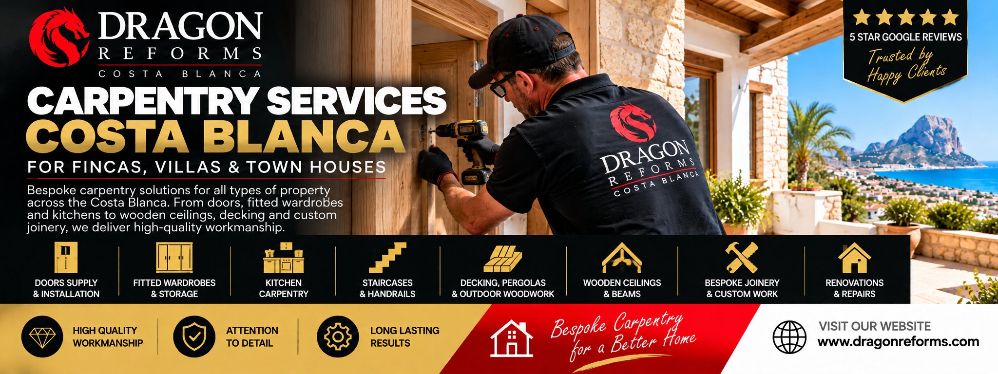 Dragon Reforms Carpentry Services Costa Blanca banner - a carpenter fitting joinery, with the Peñón de Ifach and the coast behind