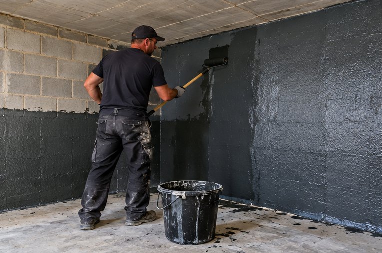 A specialist roller-applying a dark waterproof tanking coating to a blockwork underbuild wall, working up from a band already coated, with a bucket of the coating on the bare concrete floor