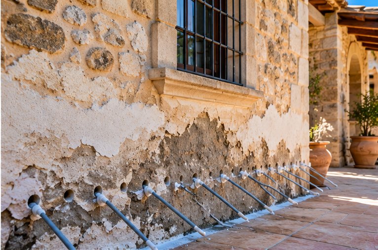 A long row of injection tubes set into the base of a traditional stone finca wall, where the old render has been cut away to expose the stonework, running the length of the elevation past a barred window