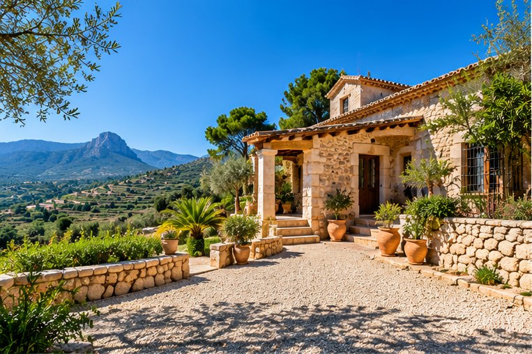 A traditional Costa Blanca stone finca with a tiled, timber-posted entrance porch, terracotta pots and a gravel drive, above dry-stone terracing, with a mountain ridge in the distance