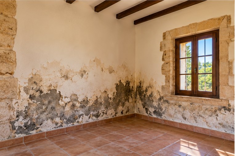 An empty finca room with dark timber ceiling beams, where blown plaster and black mould rise across the lower part of two adjoining walls beside a stone-framed window