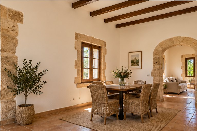 A renovated finca dining room with replastered walls, dark timber beams, a stone-framed window and a stone arch through to the sitting room
