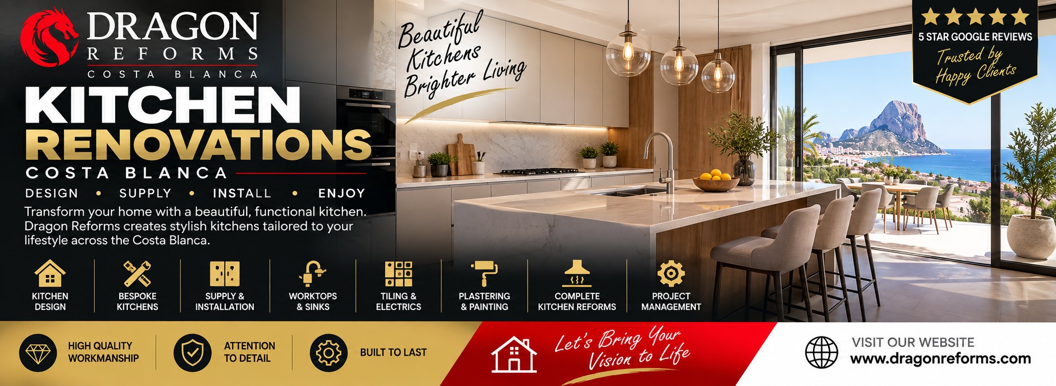 Dragon Reforms kitchen renovations on the Costa Blanca &mdash; kitchen design, bespoke kitchens, supply and installation, worktops and sinks, tiling and electrics, plastering and painting, complete kitchen reforms and project management