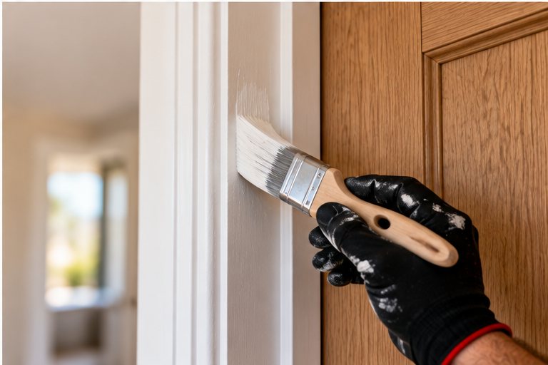 A gloved hand painting a white door frame with a brush beside an oak door