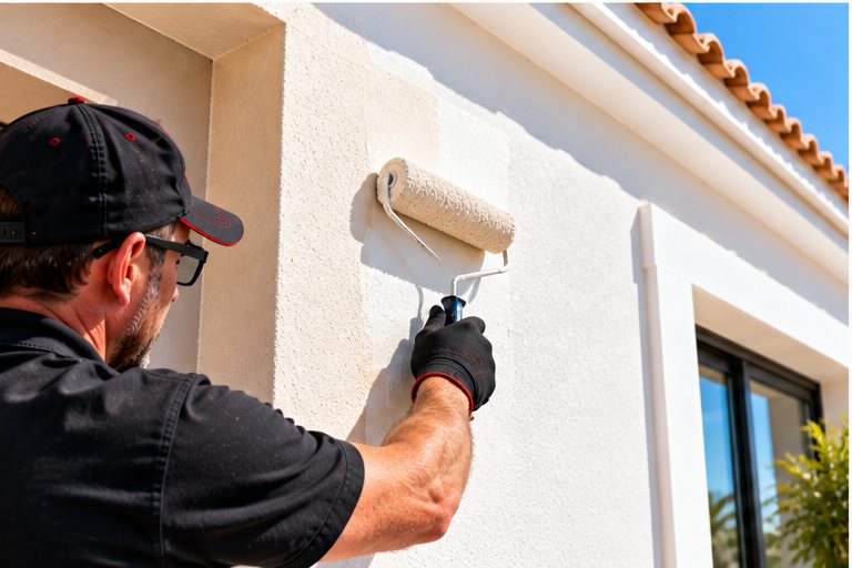A decorator rolling textured white masonry paint onto the rendered exterior wall of a house with a terracotta roof