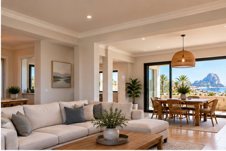 A finished open-plan living room with white walls, cornice and sliding glass doors to a terrace with the Peñón de Ifach beyond