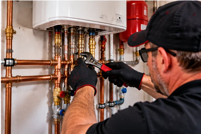 A plumber working a wrench on copper pipework connected beneath a wall-mounted water heater